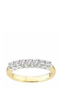 Zelta un sudraba gredzens ar septiņiem apaļiem, caurspīdīgiem akmeņiem, kuri ievietoti sudraba skavās. Gluda zelta josla ar pulētu apdari.