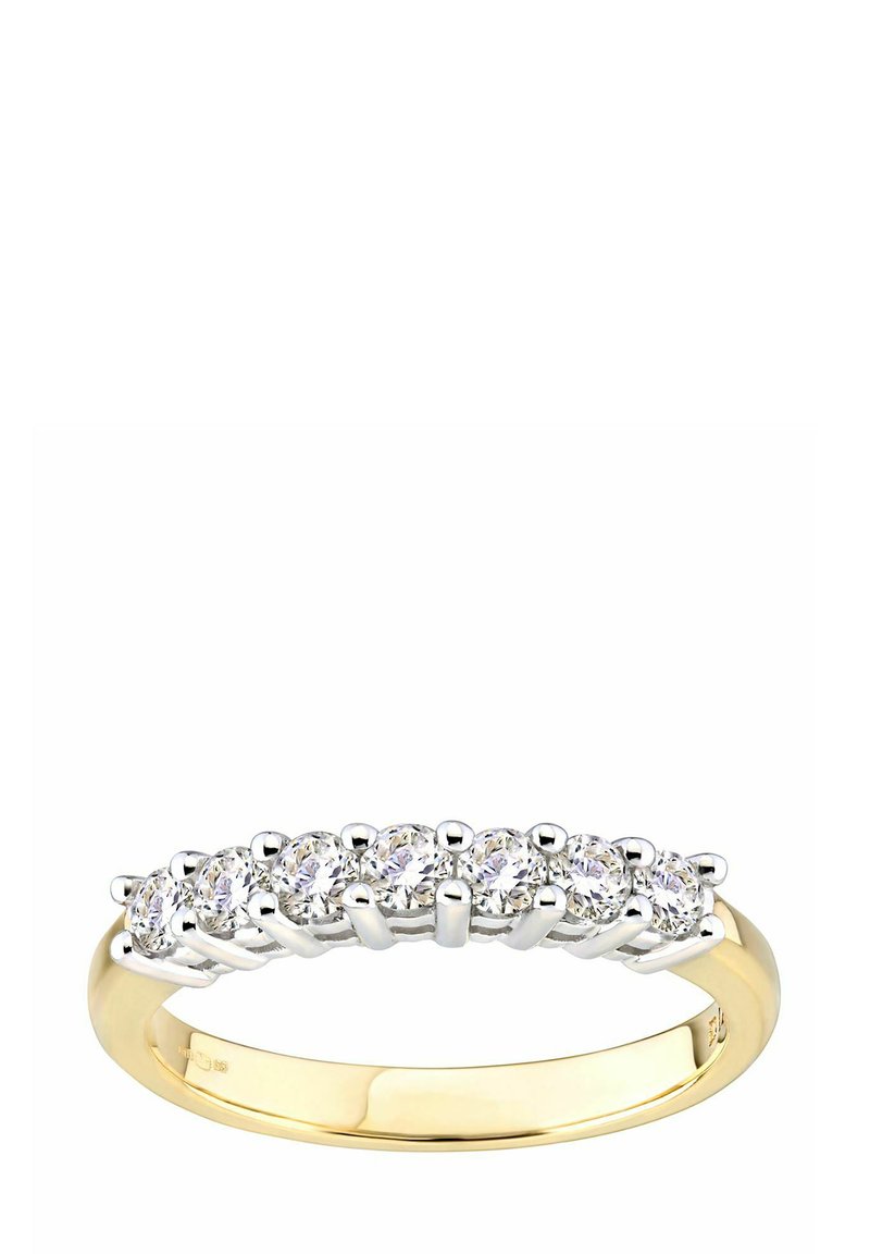 Zelta un sudraba gredzens ar septiņiem apaļiem, caurspīdīgiem akmeņiem, kuri ievietoti sudraba skavās. Gluda zelta josla ar pulētu apdari.