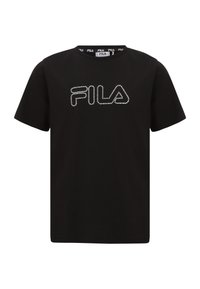 Camiseta de algodón negra con el logotipo "FILA" adornado con pedrería en el frente. Cuello redondo clásico con mangas cortas.