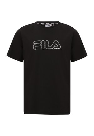 T-shirt in cotone nero con logo "FILA" tempestato di strass sul davanti. Girocollo classico con maniche corte.