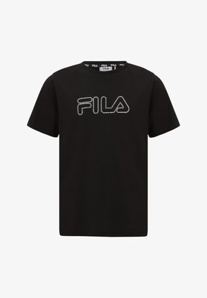 Camiseta de algodón negra con el logotipo "FILA" adornado con pedrería en el frente. Cuello redondo clásico con mangas cortas.