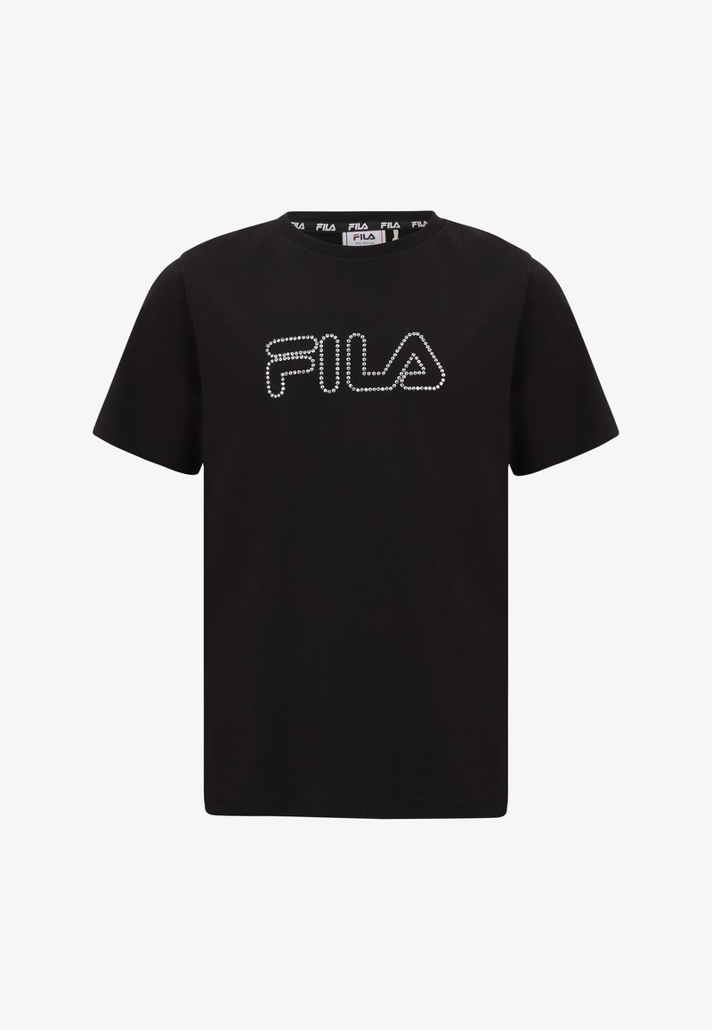 Camiseta de algodón negra con el logotipo "FILA" adornado con pedrería en el frente. Cuello redondo clásico con mangas cortas.