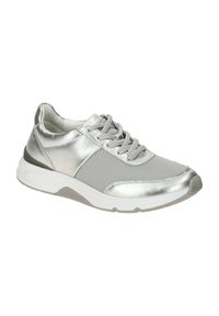 Silver sneaker with a combination of metallic and mesh materials; features grey laces, a white sole, and smooth, textured accents.