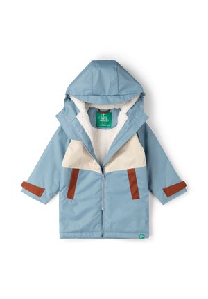 Blue and beige hooded children's winter jacket with brown accents and white fleece lining, front zipper, and adjustable sleeve straps.