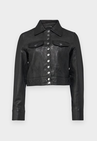 Black cropped leather jacket with silver snap button closure, pointed collar, and flap chest pockets.
