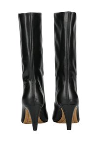 Černé kožené holínky až ke kolenům s elegantním designem, špičatou špičkou a 10centimetrovými jehlovými podpatky. Hladká textura s minimem prošívání.