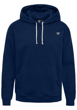 Navyblauwe hoodie van een katoenmix. Bevat een voorzak met kangoeroe-opening, trekkoorden en een klein logo bij de borst. Klassieke pasvorm.