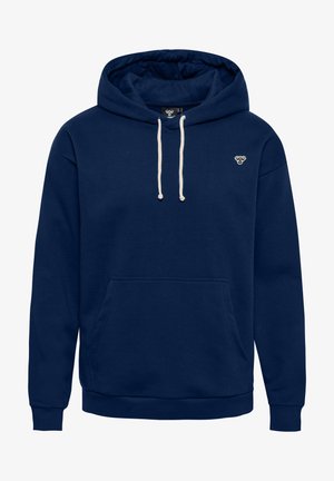 Marineblaues Hoodie aus Baumwollmischung. Mit einer Vorderseite für die Hände, Kordeln und einem kleinen Logo in der Brusthöhe. Klassische Passform.