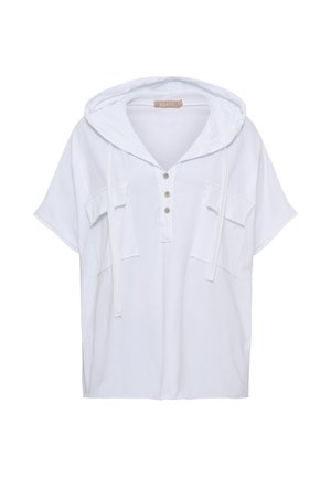 Hvid skjorte med korte ærmer og hætte, med tre knapper foran, to brystlommer med klapper og snore i hætten.