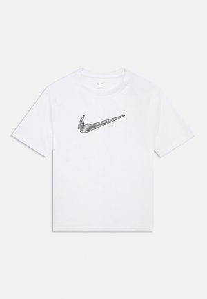 Bela kratka majica z belimi rokavi znamke Nike, na sprednji strani je velik črn Nikejev logotip v črtah na sredini.