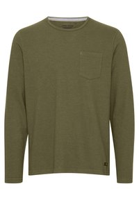 Long-sleeve olive green t-shirt made of soft fabric, featuring a round neckline and a small chest pocket on the left side.