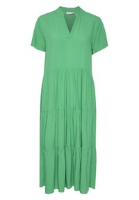 Robe midi verte à volants, à manches courtes, avec un col en V et un col rufflé, fabriquée en tissu léger avec une texture douce.