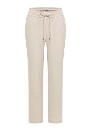 Pantaloni di lino beige con vita elastica e coulisse, vestibilità a gamba dritta e tasche laterali, pensati per un uso casual.
