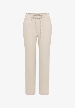 Pantaloni di lino beige con vita elastica e coulisse, vestibilità a gamba dritta e tasche laterali, pensati per un uso casual.