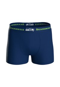 Granatowe bokserki z szerokim paskiem w pasie, na którym znajduje się napis "Seahawks" oraz zielone logo ptaka. Wykonane z gładkiej, elastycznej tkaniny.