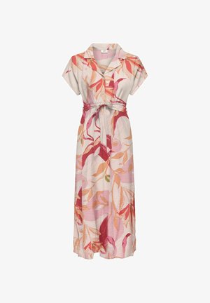Robe midi à manches courtes, boutonnée devant, col, ceinture à nouer, avec un motif abstrait de feuilles rose, rouge et orange.