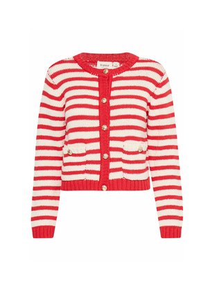 Cardigan rayé rouge et blanc en tissu tricoté, avec un col rond, une fermeture à boutons, et deux poches avant avec des boutons décoratifs.