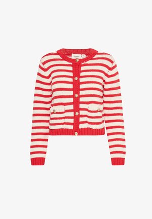 Rood-wit gestreepte cardigan van gebreide stof, met een ronde hals, een knoopsluiting aan de voorkant en twee voorzakken met decoratieve knopen.