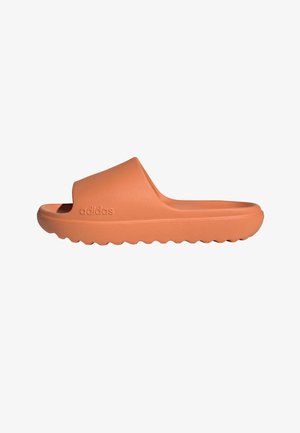 Orange rubber slide sandal with a wide strap, textured upper, and wave-patterned sole. Features brand logo on the side.