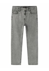 Jeans en denim gris avec une coupe droite, dotés d'un bouton et d'une fermeture éclair, de quatre poches et d'une décoloration minimale pour la texture.