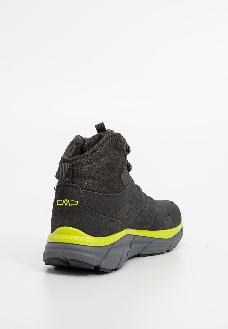 Czarno-szare buty typu high-top wykonane z siateczki i zamszu. Zawierają jasnosłoneczny akcent na podeszwie i logo. Teksturowany design zapewniający przyczepność.