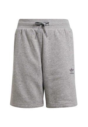 Jasnoszare szorty Adidas ze ściągaczem, elastycznym pasem i małym czarnym logo Adidas na lewej nodze.