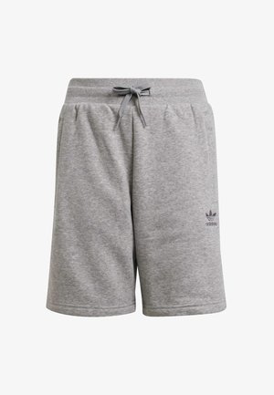 Jasnoszare szorty Adidas ze ściągaczem, elastycznym pasem i małym czarnym logo Adidas na lewej nodze.