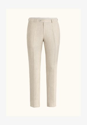 Beżowe lniane spodnie o prostym kroju, z zapięciem na guzik, detalami wzdłuż szwów oraz gładką fakturą.