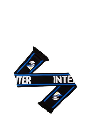 Zwarte sjaal met blauwe accenten, met "INTER" in witte tekst en een logo met een ster. Rafelige uiteinden voegen textuur toe. Zacht materiaal.