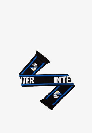 Zwarte sjaal met blauwe accenten, met "INTER" in witte tekst en een logo met een ster. Rafelige uiteinden voegen textuur toe. Zacht materiaal.
