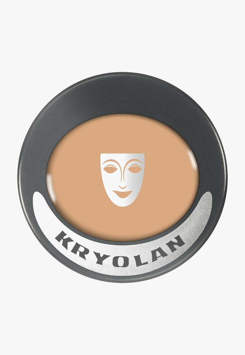 Cremige Foundation in einem runden, schwarzen Behälter. Helle beige Farbe mit mattem Finish. Silbernes Gesichtslogo und "KRYOLAN" in Schwarz auf der Unterseite eingeprägt.
