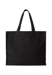 Borsa tote nera in tela, con due manici, forma rettangolare, texture liscia e senza motivi o accessori visibili. Adatta per l'uso quotidiano.