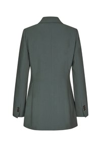 Temno zeleni tailored blazer s ovratnikom, dolgimi rokavi in detajlom treh gumbov. Ima gladko teksturo in prilegajoč silhueto.