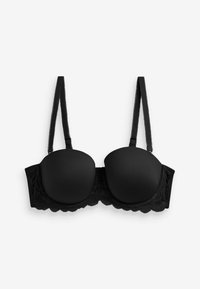 Reggiseno nero imbottito con spalline regolabili e dettagli in pizzo lungo la fascia su sfondo bianco.