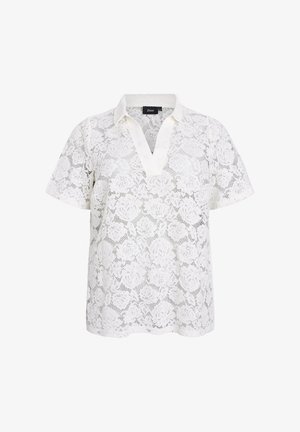 Balta nėriniuota palaidinė su gėlių raštu, trumpomis rankovėmis ir V formos iškirpte. Pagaminta iš lengvo nėrinių audinio.