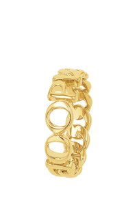 Anello in tono oro con anelli intrecciati, con accenti circolari aperti e una superficie lucida. Il design texturizzato aggiunge interesse visivo.