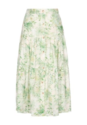 Světlé zelené a bílé květované midi sukně s vícevrstvým designem a předním zapínáním na knoflíky.