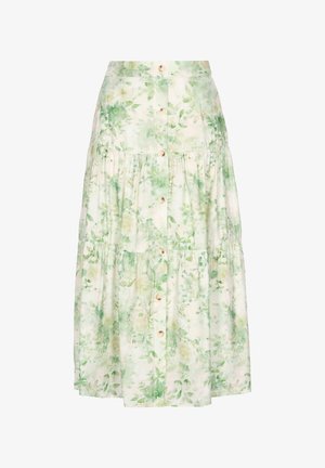 Hellgrüner und weißer Midirock mit Blumenmuster, gestuftem Design und vorderer Knopfleiste.