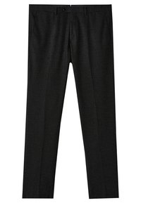 Zwarte broek van een gestructureerde stof, met een klassieke snit, ceintuurlussen en een knoopsluiting. Geen zichtbare patronen of hardware-accenten.