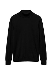 Černý rolákový svetr z měkké látky, s dlouhými rukávy, žebrovaným límcem a přiléhavým střihom. Jednoduchý a minimalistický design.