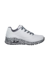 Baskets basses blanches avec motif ondulé noir et blanc sur la semelle, coussinet d'air au talon, lacets et doublure intérieure.