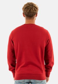 Sudadera roja con cuello redondo y mangas largas, que presenta una textura suave y puños acanalados. Vista trasera sin patrones visibles.