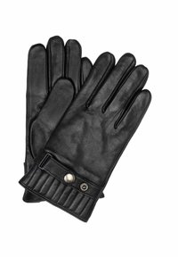Czarne skórzane rękawiczki o gładkiej fakturze, z wypustkami na nadgarstku, zabezpieczone zapięciem na zatrzask.