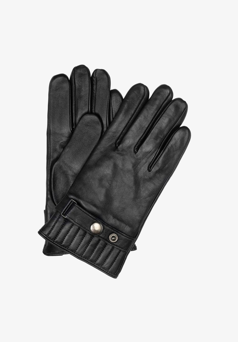 Czarne skórzane rękawiczki o gładkiej fakturze, z wypustkami na nadgarstku, zabezpieczone zapięciem na zatrzask.