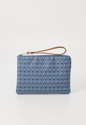 Blue patterned pouch made of fabric with a zip closure, featuring a brown wrist strap and intricate geometric textures.