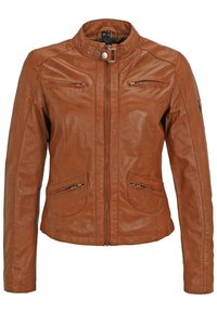 Braune Lederjacke mit Stehkragen, frontalem Reißverschluss, verschließbaren Brusttaschen und Seitentaschen, mit gesteppten Details und taillierter Passform.