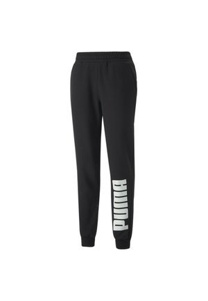Pantalon de jogging noir à taille élastique avec poches latérales et logo vertical blanc "PUMA" sur le bas de la jambe gauche.