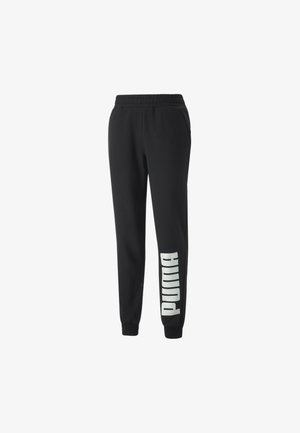 Schwarze Jogginghose mit elastischem Bund, seitlichen Taschen und weißem, vertikalem "PUMA"-Logo am unteren linken Hosenbeinbündchen.