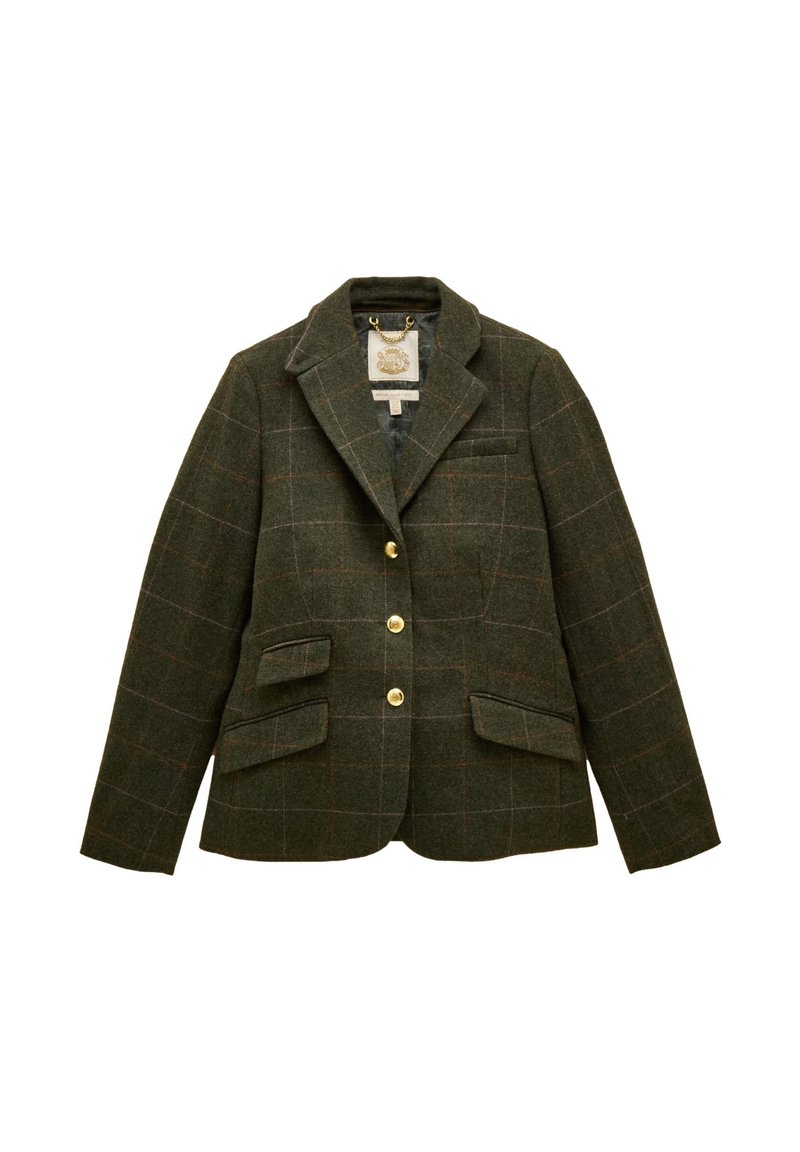 Donkergroene wollen blazer met een subtiel ruitpatroon, drie gouden knopen, een gelapte reverskraag en drie voorzakken met kleppen.