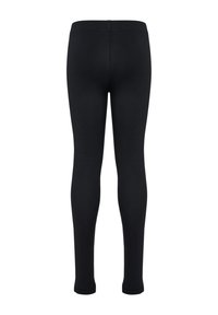 Leggings noirs avec une texture lisse et extensible, dotés d'une taille élastique ; conçus pour un look ajusté et une silhouette pleine longueur.